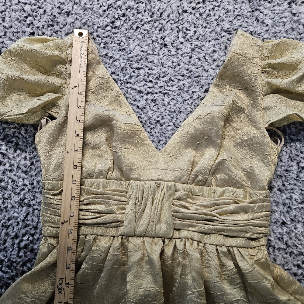 Basix II Gold Mini Dress Sz 4 Small Puff Sleeve Coquette Victorian Wedding Party - Picture 11 of 12
